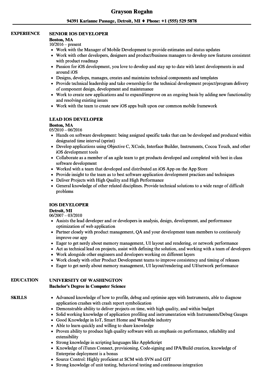 Mobile App Developer Sample Resume Xcode Ios